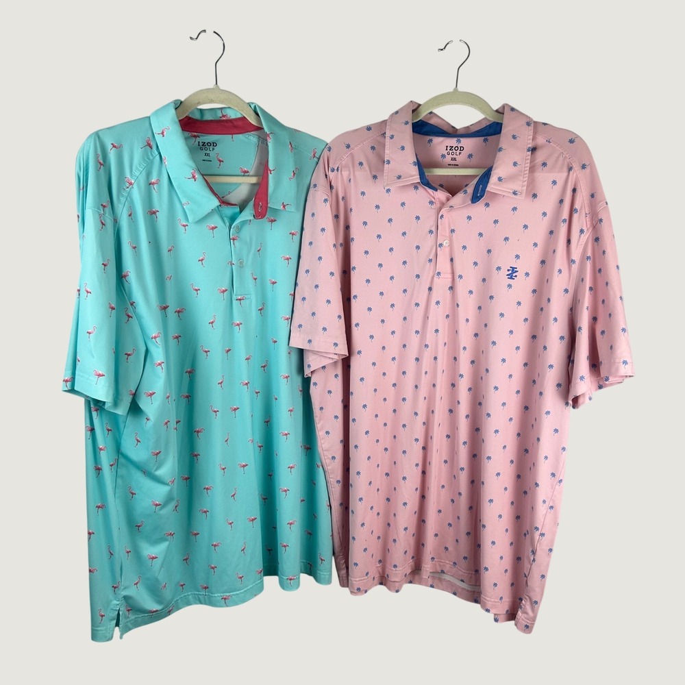 Lot of 2 IZOD Golf Mens XXL Polo Shirts Flamingo Palm Tree Pink Turquoise Bundle